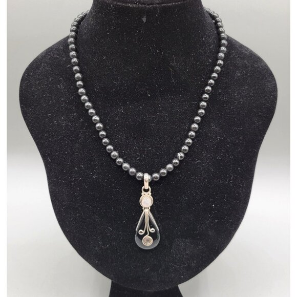 Black Glass Bead Necklace Teardrop Sterling Pendant Wire Wrap - Picture 1 of 8
